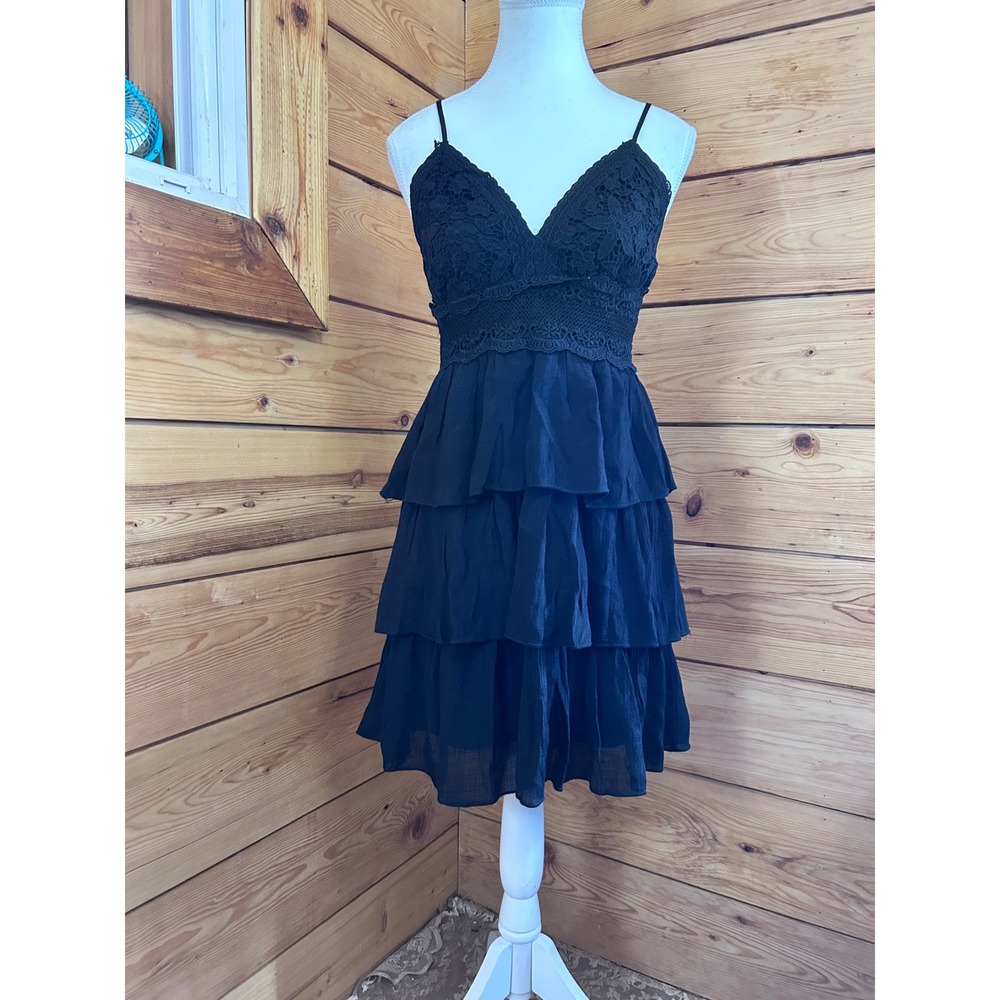 Rebellion‎ Again Black Lace Bodice Tiered Ruffle Mini Dress Small Smocked Back